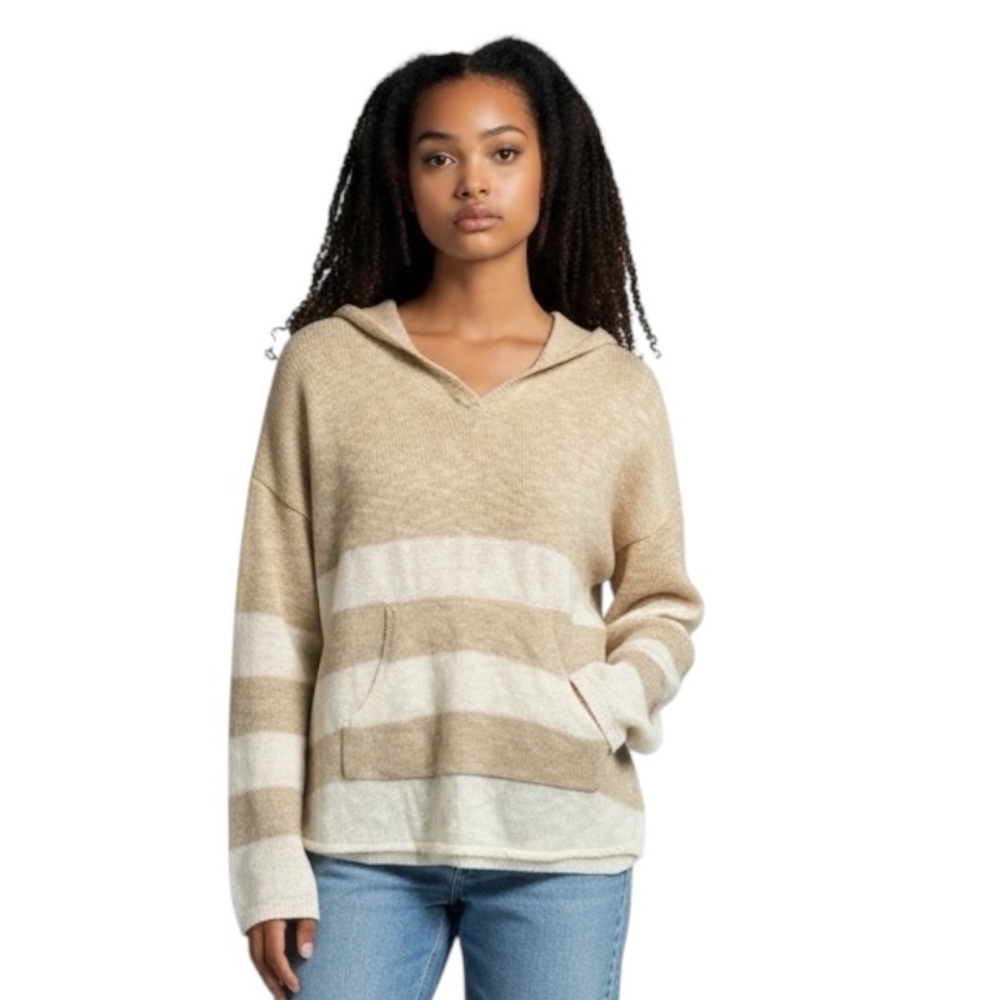 Marled Beige & White Striped Knit Hoodie Size XL Hooded Sweater